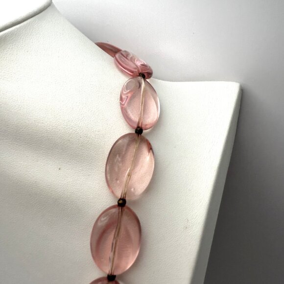 Vintage Pink Glass Bead Necklace Oval Molded Translucent Beads 24” Retro - Picture 3 of 11
